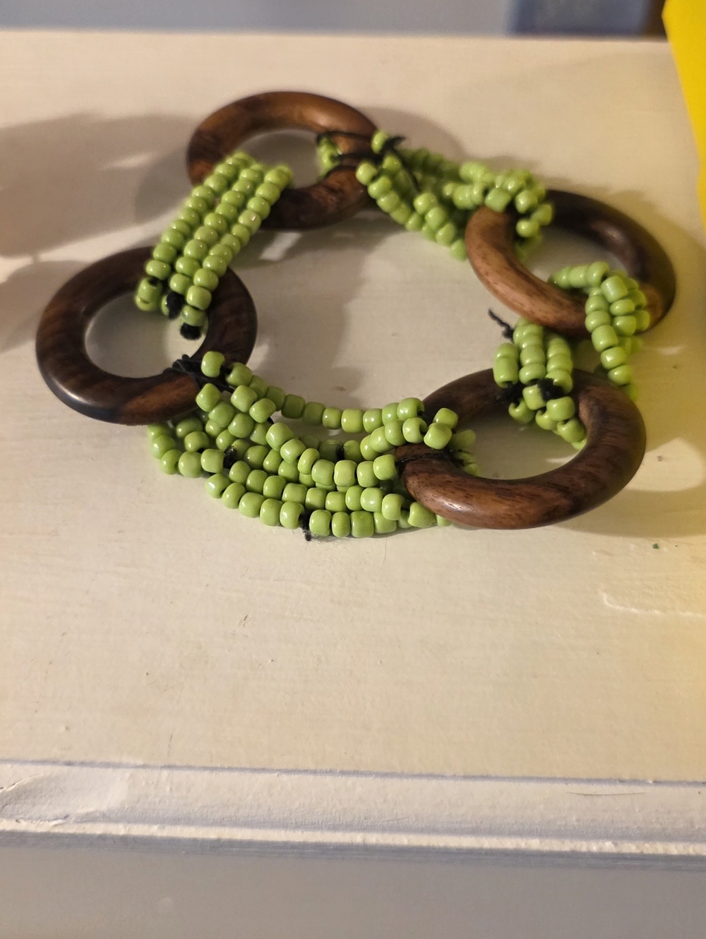 Vintage Green Bead and Wood Ring Bracelet